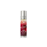 A sleek silver-topped roll-on concentrated perfume oil bottle with a red and white tooty musk label by al rehab