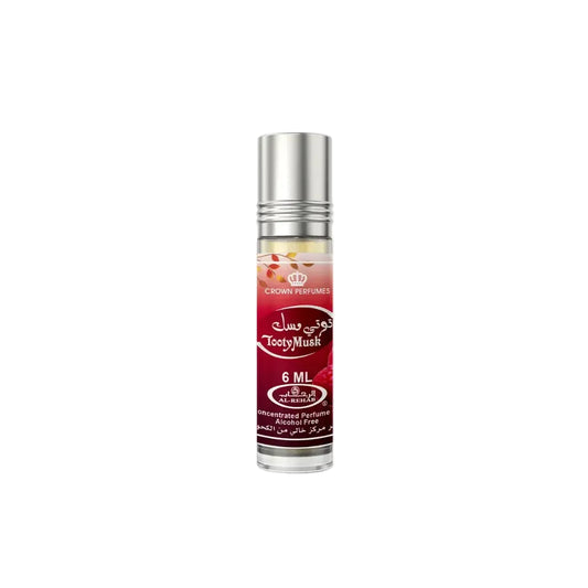 A sleek silver-topped roll-on perfume bottle of fruity floral tooty musk by crown perfumes 6ml alcohol-free fragrance