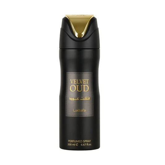 Black cylindrical perfumed body spray bottle with gold cap labeled lattafa velvet oud for luxurious fragrance use
