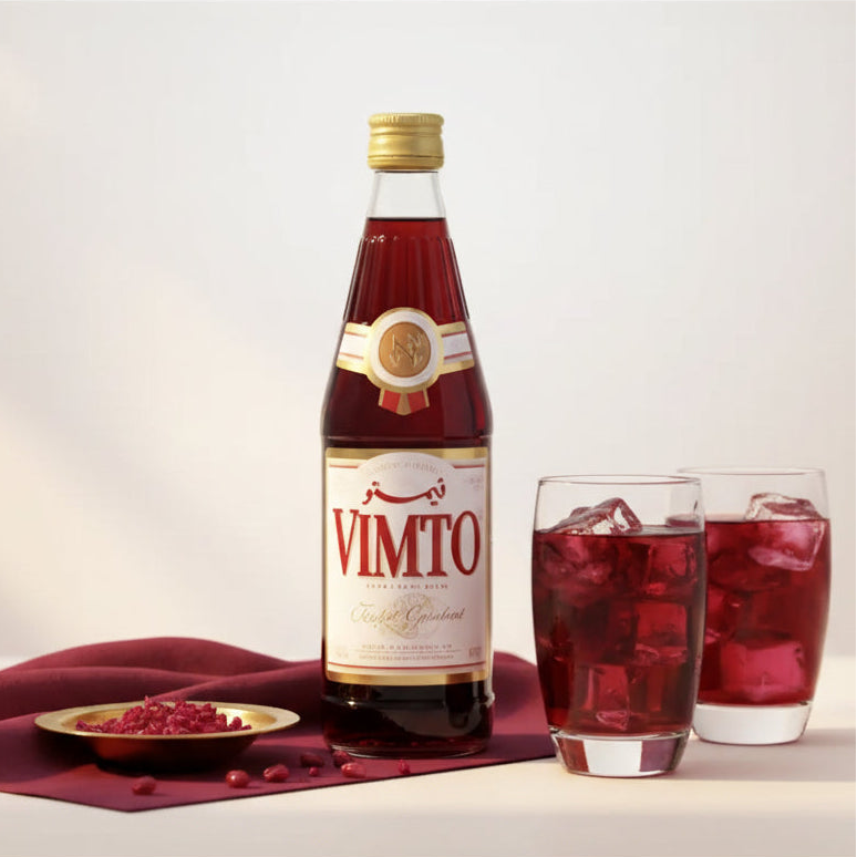 A dark glass bottle of vimto arabic fruit cordial syrup 710ml with gold label beside a pitcher of red drink