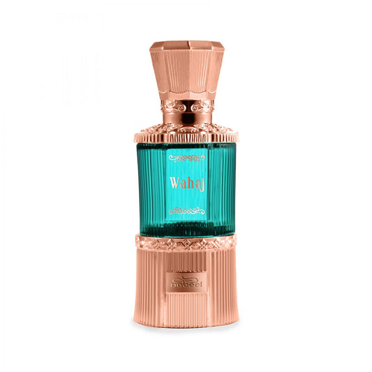 A perfume bottle with a ribbed rose gold metallic base and cap, and a translucent teal green ribbed glass center section. The bottle is labeled 'Wahaj' and has 'SINAROO' embossed on the lower base, set against a plain white background.Wahaj Concentrated Perfume Oil 20ml – Nabeel