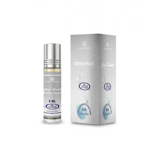 Silver-topped glass rollerball bottle of white musk concentrated perfume oil by crown perfumes 6 ml for personal use