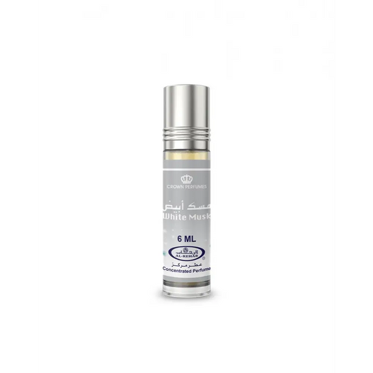 Silver-topped glass rollerball bottle of al rehab white musk concentrated perfume oil 6 ml by crown perfumes