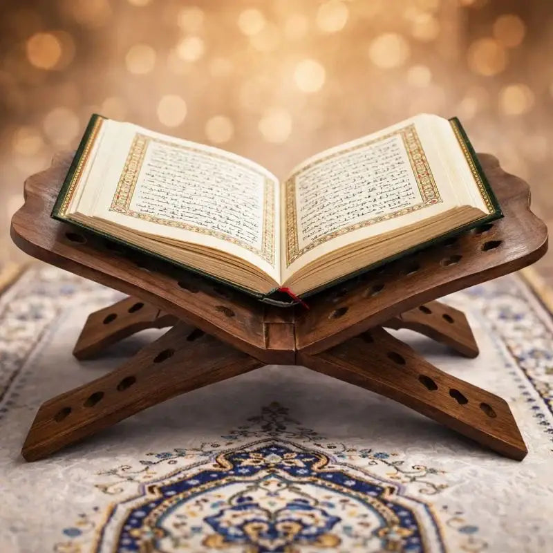 An open quran resting on a handmade foldable wooden quran stand rehal in brown with decorative cutouts