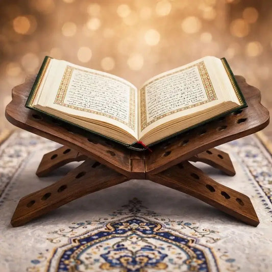 An open quran resting on a handmade foldable wooden quran stand rehal in brown with decorative cutouts