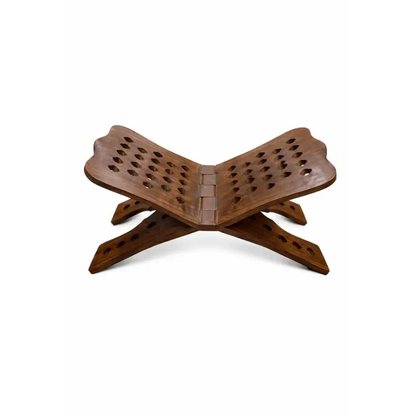 Brown wooden quran stand rehal with intricate perforated design and foldable cross-shaped base handcrafted 14 inches