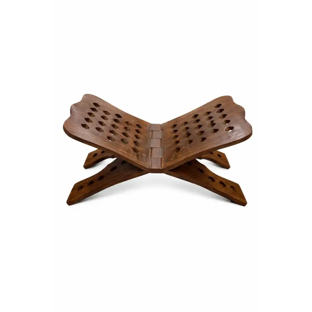 Brown wooden quran stand with intricate perforated design and cross-shaped base foldable handmade 14 inch rehal