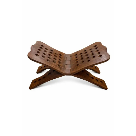 Brown wooden quran stand with intricate perforated design and cross-shaped base foldable handmade 14 inch rehal