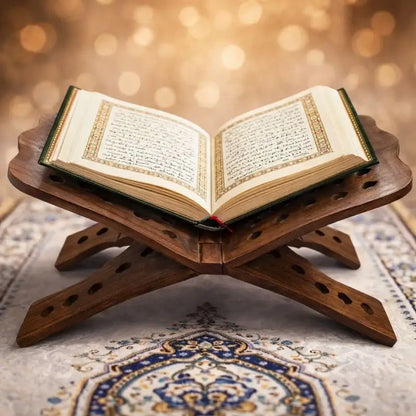An open Quran resting on a handcrafted brown foldable wooden Quran stand with decorative cutouts for Islamic use
