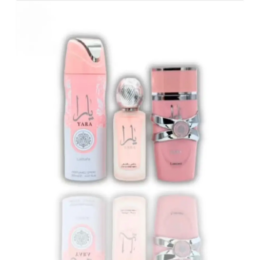 Lattafa Yara Collection Gift Set – Perfume 100ml, Body Spray 200ml & Air Freshener 300ml. Fruity floral vanilla scent, long-lasting & elegant.
