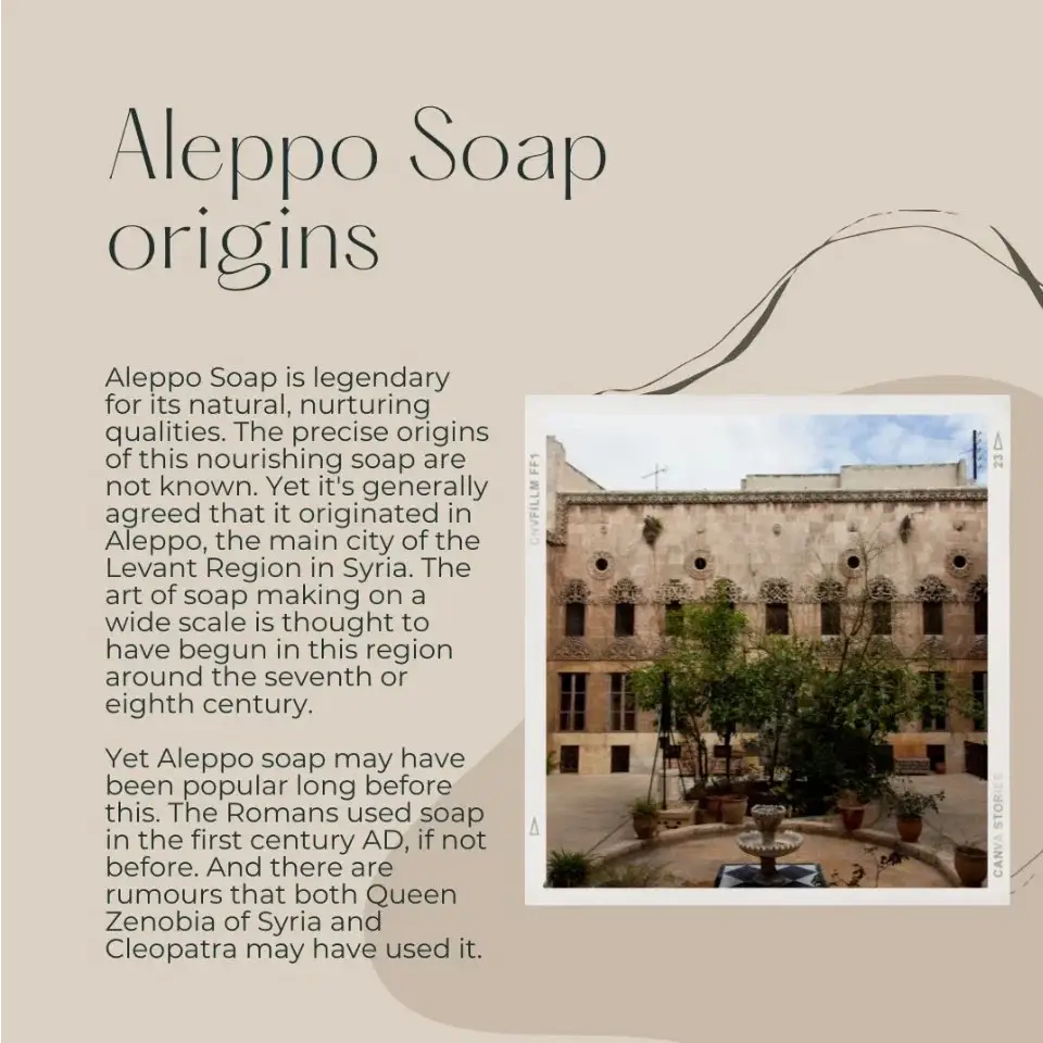 Text about Aleppo Soap origins with a building image on a beige background