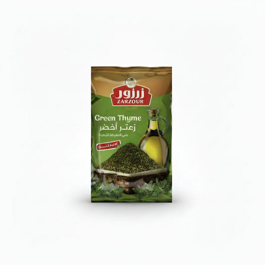 Zarzour green thyme zaatar 400g packet with vibrant green and gold design featuring fresh thyme leaves and olive oil for jordanian recipe