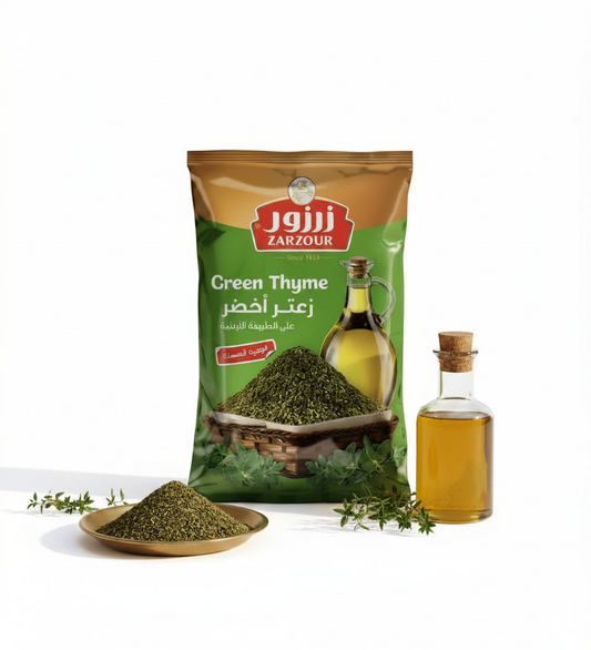 Zarzour green thyme zaatar 400g pouch with authentic jordanian recipe of dried thyme leaves in green and brown packaging